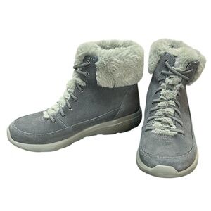 Skechers Gray On The Go Goga Mat‎ Leather Faux Fur Bootie 14611 Gen 5